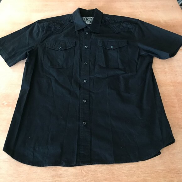 Affliction Black Premium Slim Shirt Men 2XL Black Button Up Pocket Embroidered - Picture 1 of 16